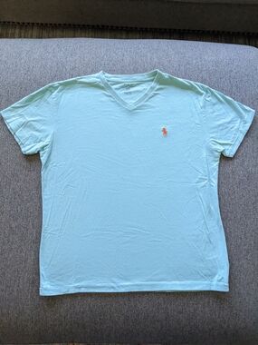 Polo by Ralph Lauren Cotton V-Neck Tee Mint Size Small Orange Pony